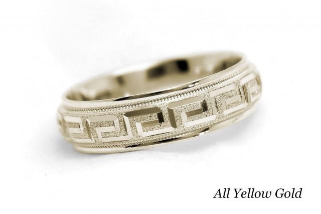 6 mm 10k 14k 18k Gold Wedding Ring, Greek key Gold Wedding band, Two tone  or One Tone Star dust Greek Pattern Ring