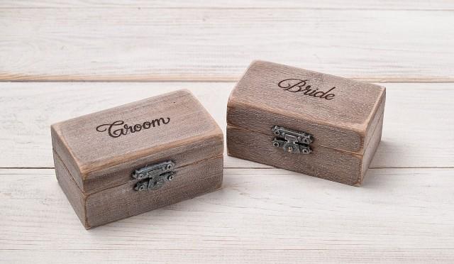 Bride and Groom Ring Boxes Set of 2, Wooden His Hers Wedding Ring Bearer Box, Rustic Engagement Ring Holder, Ring Pillow Alternative