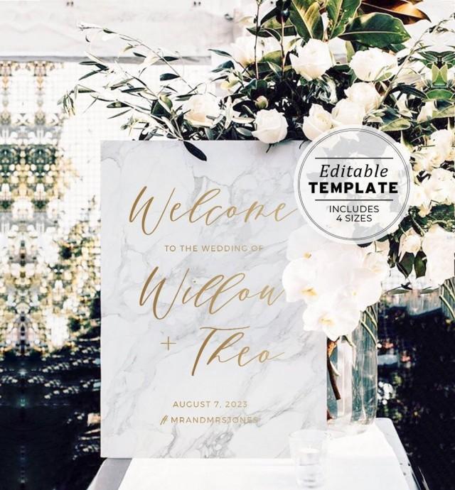 Marble Textured & Gold Wedding Welcome Sign Printable Template #010