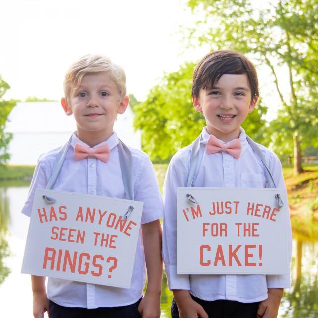 Two Ring Bearer Signs Funny Page Boy Signs Has Anyone Seen The Rings + I&#39;m Just Here For The Cake 2 Ringbearers Flower Girl Wedding 2079