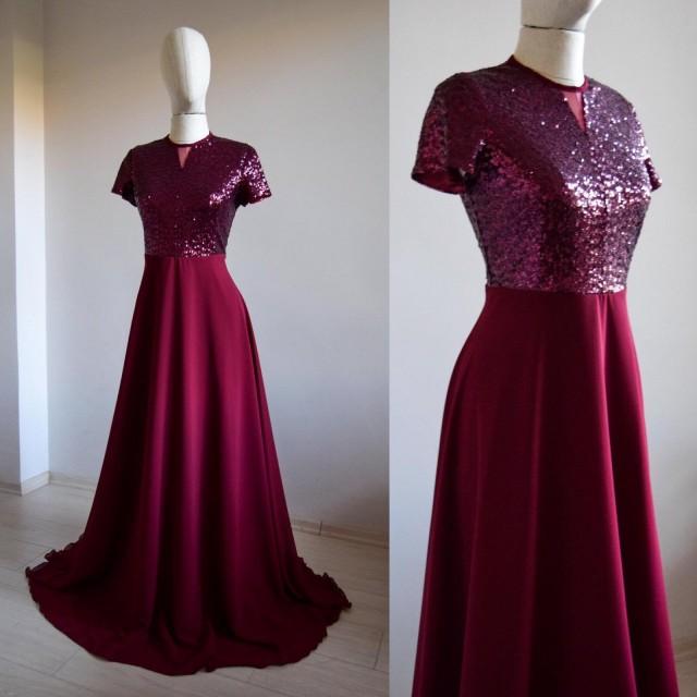Made To Measure Silk Chiffon With Top Sequin Burgundy Bridesmaid Maxi Dress, Short Sleeve Sequin Long Made Of Honor Dress, Close Back Dress