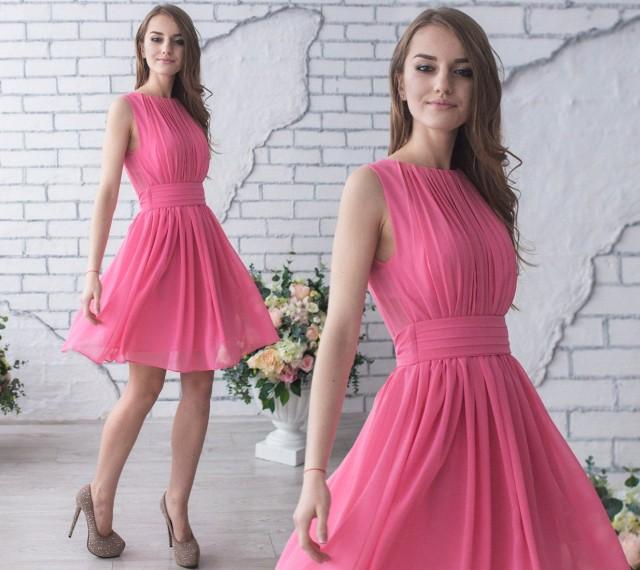 Pink Greek Style Coctail Dress / Minimalist knee length sleeveless chiffon dress for womens / Fuchsia wedding party gown / Short prom gown