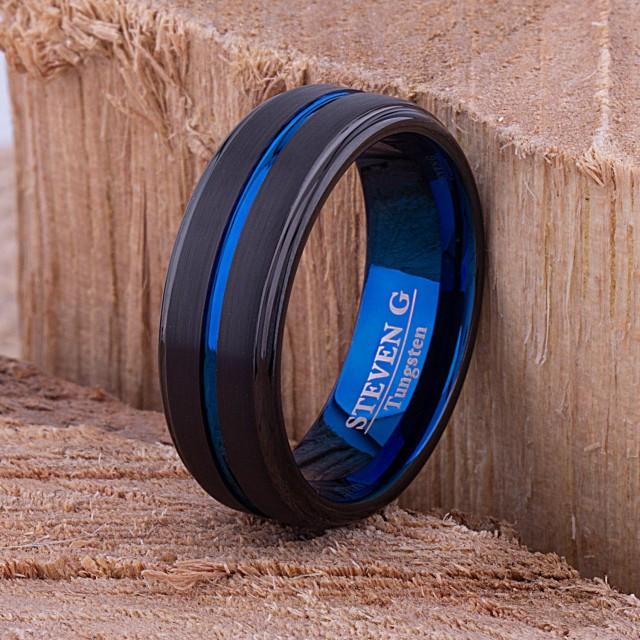 Tungsten Mens Wedding Band 8mm with Blue and Black Brush Finish for Mans Engagement Ring, Mens Promise Ring, Gift for Boyfriend or Husband