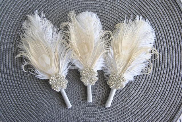Crystal Groom boutonniere Ostrich Feather Bridal Ivory Gold Gatsby 1920s groomsmen boutonnire wedding feathers boutonniere button hole pin