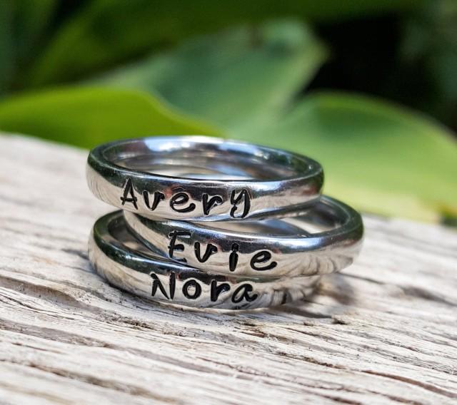 Stacking Name Rings, Personalized Ring For Mom, Stackable Rings, Mothers Rings, Gift for Mom, Silver Stacking Rings, Round Front Ring