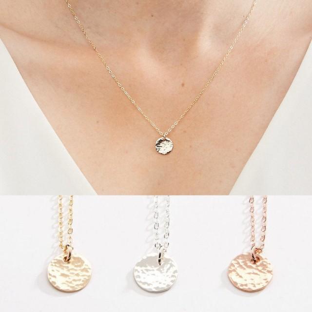 Hammered Texture Small Round Disc Necklace - 3/8 inch - 9.5 mm- Gold Filled, Rose Gold Filled & Sterling Silver - CG204N