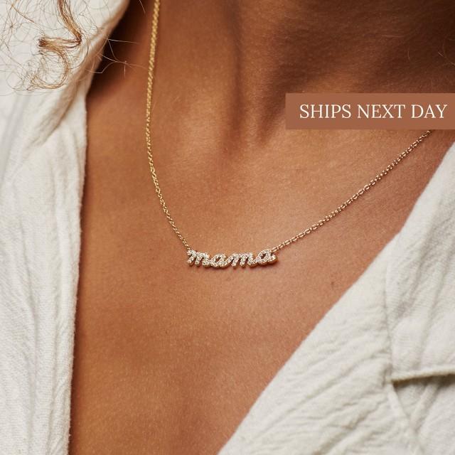 Pave Mama Script Necklace by Caitlyn Minimalist in Sterling Silver, Gold & Rose Gold • Perfect Gift for Mom • Mothers Day Gifts • NR010