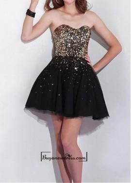 Wedding - Adorable Sequin Lace & Tulle & Satin A-line Strapless Sweetheawrt Neckline Cocktail Length Prom Dress