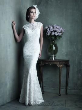 Wedding - Elegant High Neckline Cap Sleeves Sheath Lace Wedding Dresses