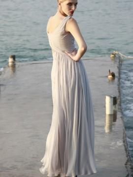 Wedding - Grey Floor Length Evening Gown with Jeweled Square Neckline