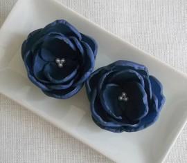 Wedding - Small Navy blue fabric flowers in handmade, Bridesmaids hair shoe dress accessory, Weddings Flower girls Something blue Hair Shoe clip Set