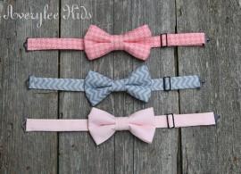 Wedding - Boys Bow Tie, Pink and Gray Bow Ties for Toddlers to Teens, Blush Pink, Chevron Grey, Pink Houndstooth, Wedding Ring Bearer, Baptism