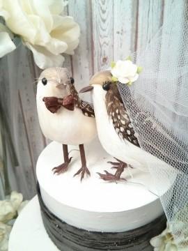 Wedding - SALE brown and white dots shades feathers love birds wedding cake topper