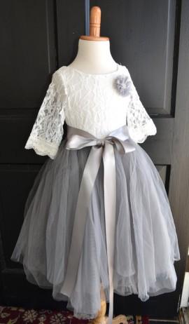 Wedding - Flower girl Tutu dress, Girls Dove Grey Long Tulle Skirt lace blouse, Gray Tutu, Skirt blouse set , Girls Tutu, Flower girl dress