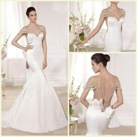 Wedding - 2015 Spring Wedding Dresses Mermaid V Neck Open Back Court Train Sleeveless Bridal Gown Crystal Beading Stretch Satin Backless Wedding Dress Online with $112.08/Piece on Hjklp88's Store 