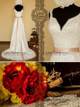 Wedding - Dream Lace Sheath Style Wedding Dress Features Deep Lace Trimmed Neckline and Straps, Comes with Satin Sash