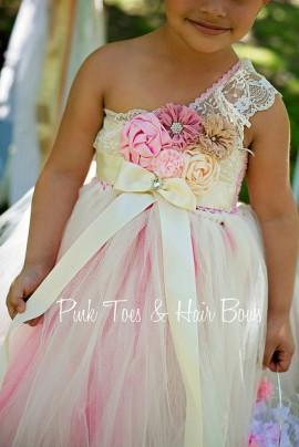 Wedding - Headband only to be purchased with dress only-Ivory Flower girl dress- Lace pink flower girl dress-
