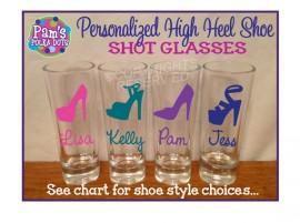 Wedding - Personalized SHOT GLASSES with High Heel SHOE Bachelorette Bridal Party Initial Name Word Bridesmaid Bride 21st Birthday Sorority College