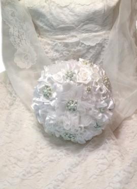 Wedding - White pearl and rhinestone brooch and satin ribbon bouquet, White pearl and rhinestone brooch bouquet, White broach and fabric bouquet