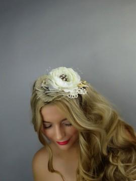 Wedding - Ivory Bridal Headband Wedding Flower Wedding Accessory Lace Pearls Vail Feathers Bridal Accessory