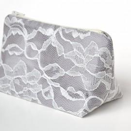 Wedding - Gray Winter Wedding Bridesmaid Gift in Satin and Ivory Lace, Cosmetic Bag