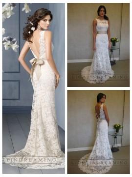Wedding - Scallop Bateau Neckline A-line Lace Open Back Wedding Dresses with Sweep Train