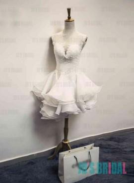 Wedding - JW16194 Sexy sheer tulle back short organza little white wedding party dress