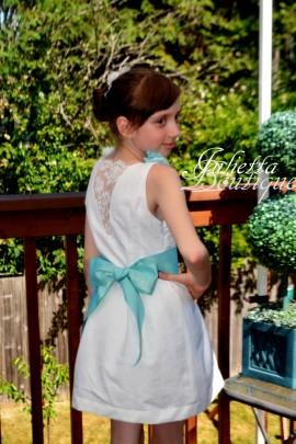 Wedding - Short linen dress with fabric flowers. Flower girl dress for a beach wedding. White linen sleeveless girl dress.
