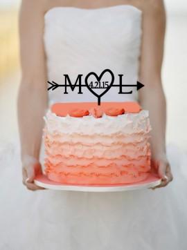 Wedding - Initials Heart and Arrow Cake topper with date