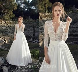 Wedding - Elegant 2016 A-Line Wedding Dresses Sheer V Neck with 3/4 Long Sleeves Chapel Train Satin Spring Fall Wedding Ball Bridal Gowns Cheap Online with $109.03/Piece on Hjklp88's Store 