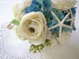 Wedding - Beach Wedding Bouquet, Starfish Bridal Bouquet, Destination Wedding Flowers, Bridesmaid Blue Ivory Rose Hydrangea Soft Romance