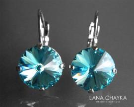 Wedding - Light Turquoise Crystal Earrings Swarovski Rivoli Silver Earrings Teal Crystal Leverback Earrings Hypoallergenic Earrings Wedding Bridesmaid