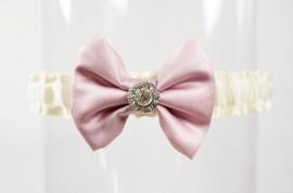 Wedding - Wedding Garter Ivory Pink Rhinestone Bow Tie "Evelyn"