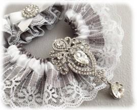Wedding - Vintage Inspired Gray Garter Set, Gray Bridal Garter Set, Lace Garter Set, White Lace Wedding Garter Set, Crystal Garter Set