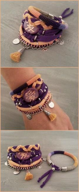 Wedding - Bohemian Bracelets Chinese Love Hieroglyph Peach Purple, Tassel Bracelet Modern Hippie Style, Jersey Layering Bracelet