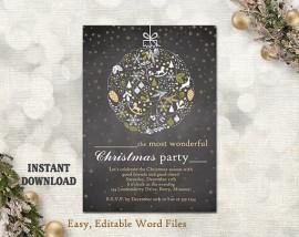 Wedding - Christmas Party Invitation Card - Chalkboard Printable Template - Holiday Party Card - Christmas Card - Editable Template - Gold White DIY