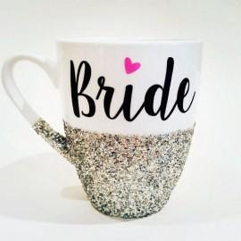 Wedding - BRIDE With Pink Heart - Hand Glittered Coffee Mug - Your Wedding Date On Back - Available In Silver Or Gold Glitter - Made To Order