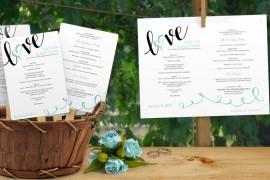 Wedding - Diy Wedding Fan Program -DOWNLOAD Instantly - EDITABLE TEXT - Love Script (Black & Light Turquoise) 5 x 7 - Microsoft® Word Format (docx)