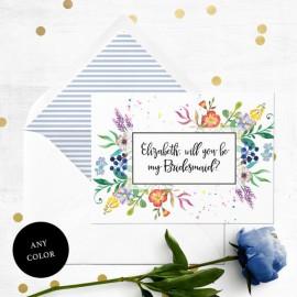 Wedding - Personalized Will you be my Bridesmaid Printable Card-Colorful Flowers Bridesmaid Card-Maid Of Honor, Flower Girl Proposal-Floral Watercolor