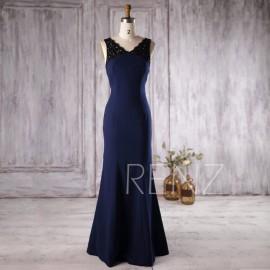 Wedding - 2016 Navy Blue Bridesmaid Dress Long, V Neck Lace Wedding Dress with Beading, Backless Evening Dress, Prom Dress Floor Length (H185)