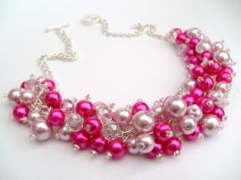 Wedding - Hot Pink Pearl Beaded Necklace, Hot Pink Bridesmaid Jewelry, Cluster Necklace, Chunky Necklace, Bridesmaid Gift, Bridesmaid Necklace