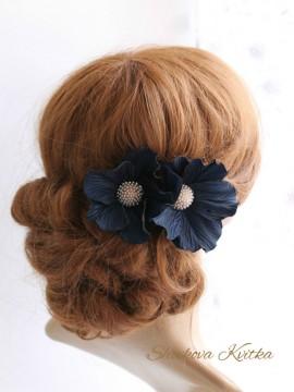 Wedding - Navy blue flower hair clip, dark blue flower hairpins, Navy blue hair piece, Two Navy Blue fabric heir flowers, Bridal Hair Flower