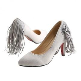 Wedding - Tassel High Heel Women Thin Shoes Fluff Low-cut Wedding Shoes Plus Size Grey 35