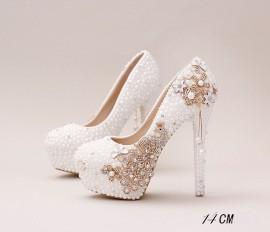 Wedding - Handmade High Heels Round Toe Pearls Crystal Wedding Shoes, S0038