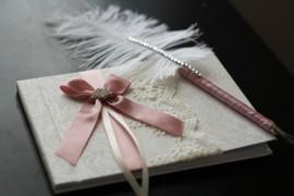 Wedding - Wedding Guest Book   ostrich feather Pen Dusty rose color  Ring Bearer Pillow  Bridal Garter Set  Unity candles Set  Mauve Sign in Book - $28.00 USD
