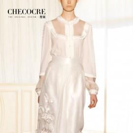 Wedding - Royal Style Vintage Seen Through Split Front Bishop Sleeves Organza White Spring Blouse Top - Bonny YZOZO Boutique Store