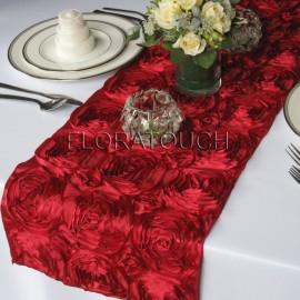 Wedding - Dark Red Satin Ribbon Rosette Wedding Table Runner