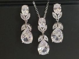 Wedding - Bridal Jewelry Set, Silver Teardrop Crystal Bridal Set, Wedding Cubic Zirconia Earrings&Necklace Set, Sparkly Jewelry Set, Bridal Zircon Set