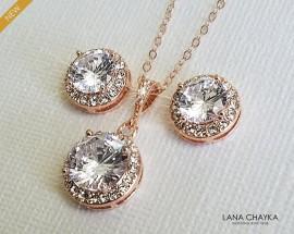 Wedding - Rose Gold Bridal Jewelry Set, Cubic Zirconia Halo Earrings&Necklace Set, Pink Gold Wedding Jewelry Set, Earring Studs Pendant Jewelry Set