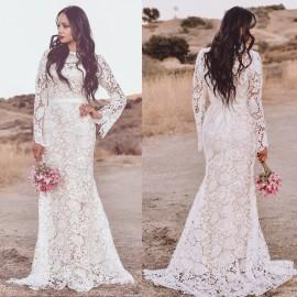 Wedding - Guipure  Lace Boho Bohemian Long Sleeve Mermaid WEDDING Maxi Dress Gown W/ Train Saldana Vintage Elopement Kiara Dress